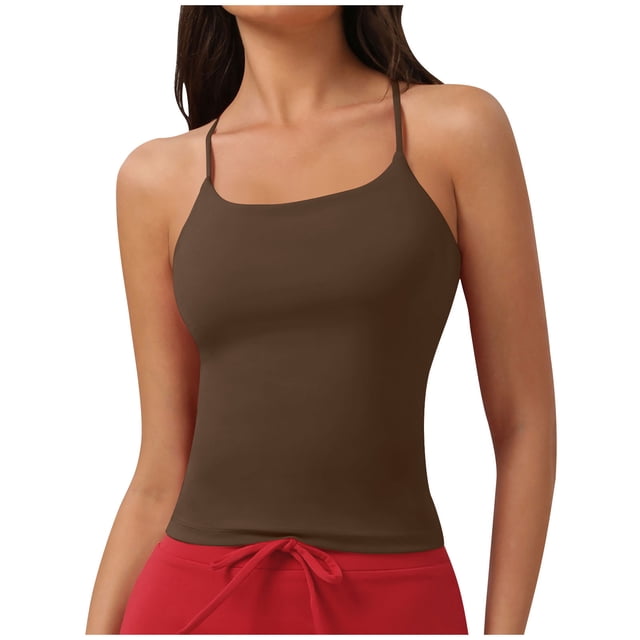 Swstbby Soldes d'Été! Hauts d'Été pour Femmes, Mode Femme Couleur Unie Manches Courtes Col Rond Camisoles Café TG