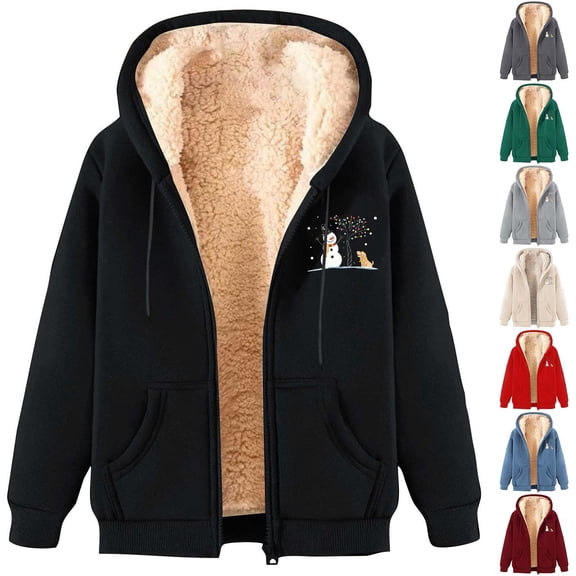 LVHAOGJOB Womens Sherpa Lined Jackets Zipper Long Sleeve Hoodie Fleece Plus Size Winter Print Coats for Ladies