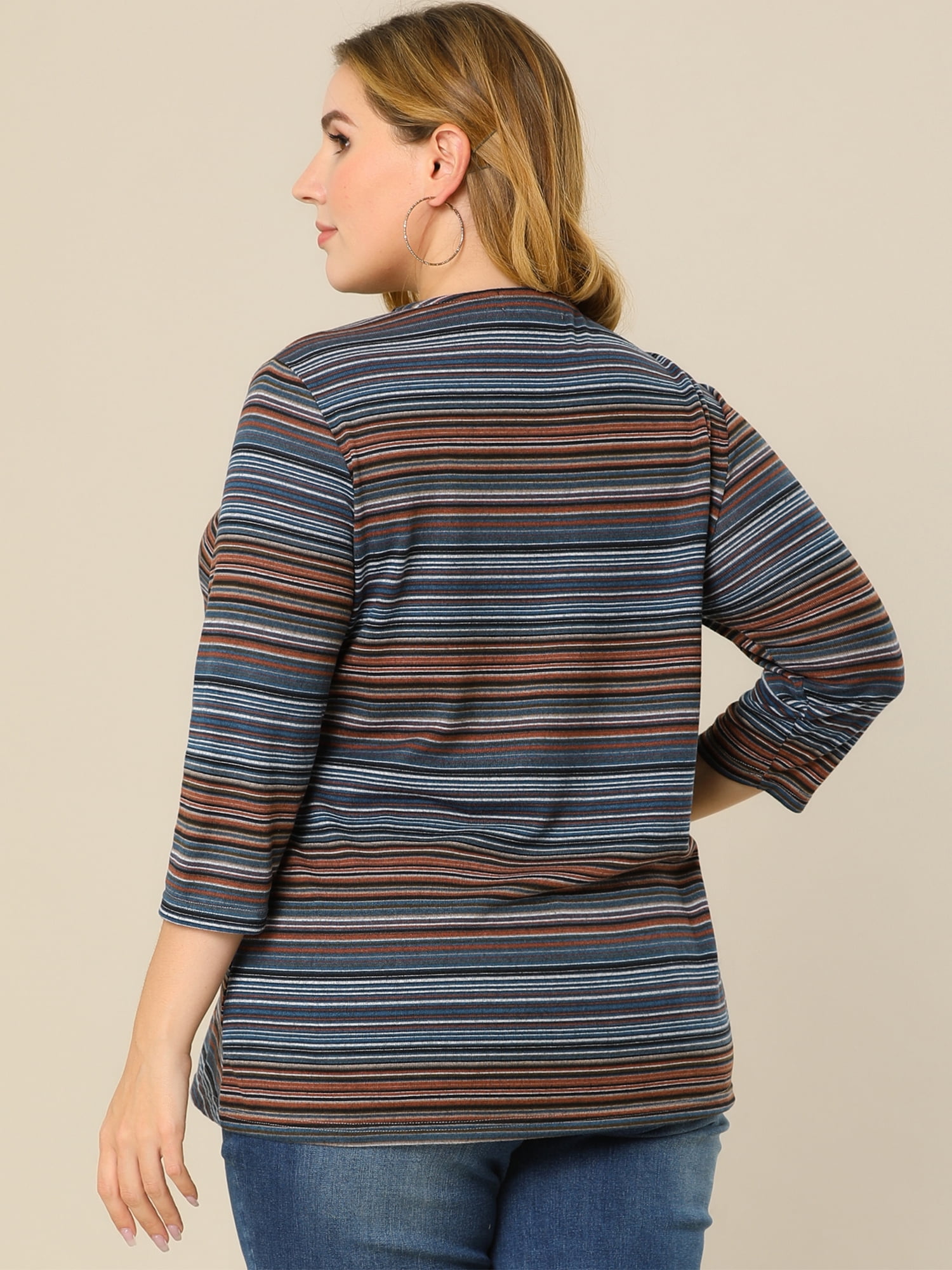 DARING DIVA Women's Plus Tunic Top V Neck Stripe Boho Knit Blouse L Blue