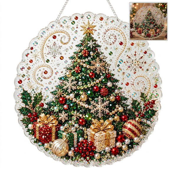 Christmas Pearl Diamond Art Ornament Kit, 9.8in Acrylic Hanging Craft Set for Holiday Decor