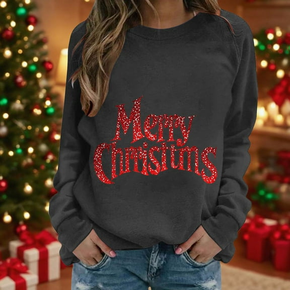 Women's Christmas Sweatshirt Long Sleeve Crewneck Holiday Pullover Merry Xmas Graphic Print Cozy Lounge Wear Fall Winter Festive Top