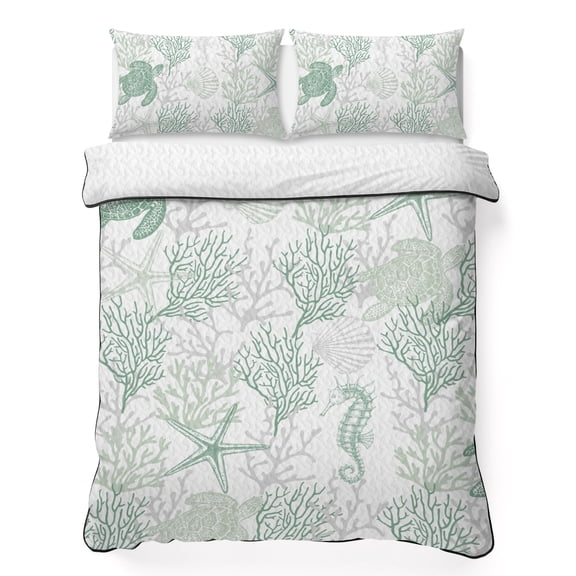 Twin Quilt Set 68''x86'', Green Coastal Lightweight Summer Bedspread Coverlet Set with 2 Pillow Shams, Sea Turtle Nautical Coral Summer Beach Breathable All Season Quilt Bedding for Dorm/Bedroom