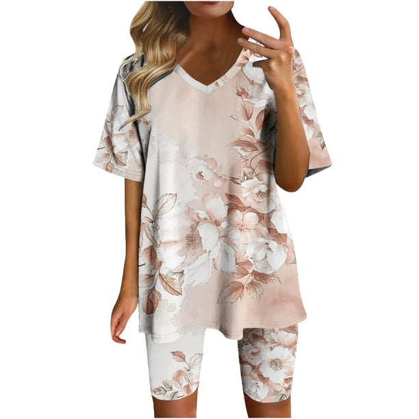 Blusas para las Mujeres Casual, Cuello en V de Manga Corta Impresa Superior Y Suelto Pantalones Cortos, Conjuntos de Moda de Verano