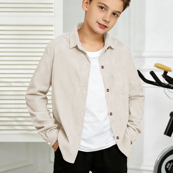 UACY Boys Long Sleeve Corduroy Shirts Vintage Western Shacket with Pockets Spring Casual Solid Collared Button Down Dress Shirts