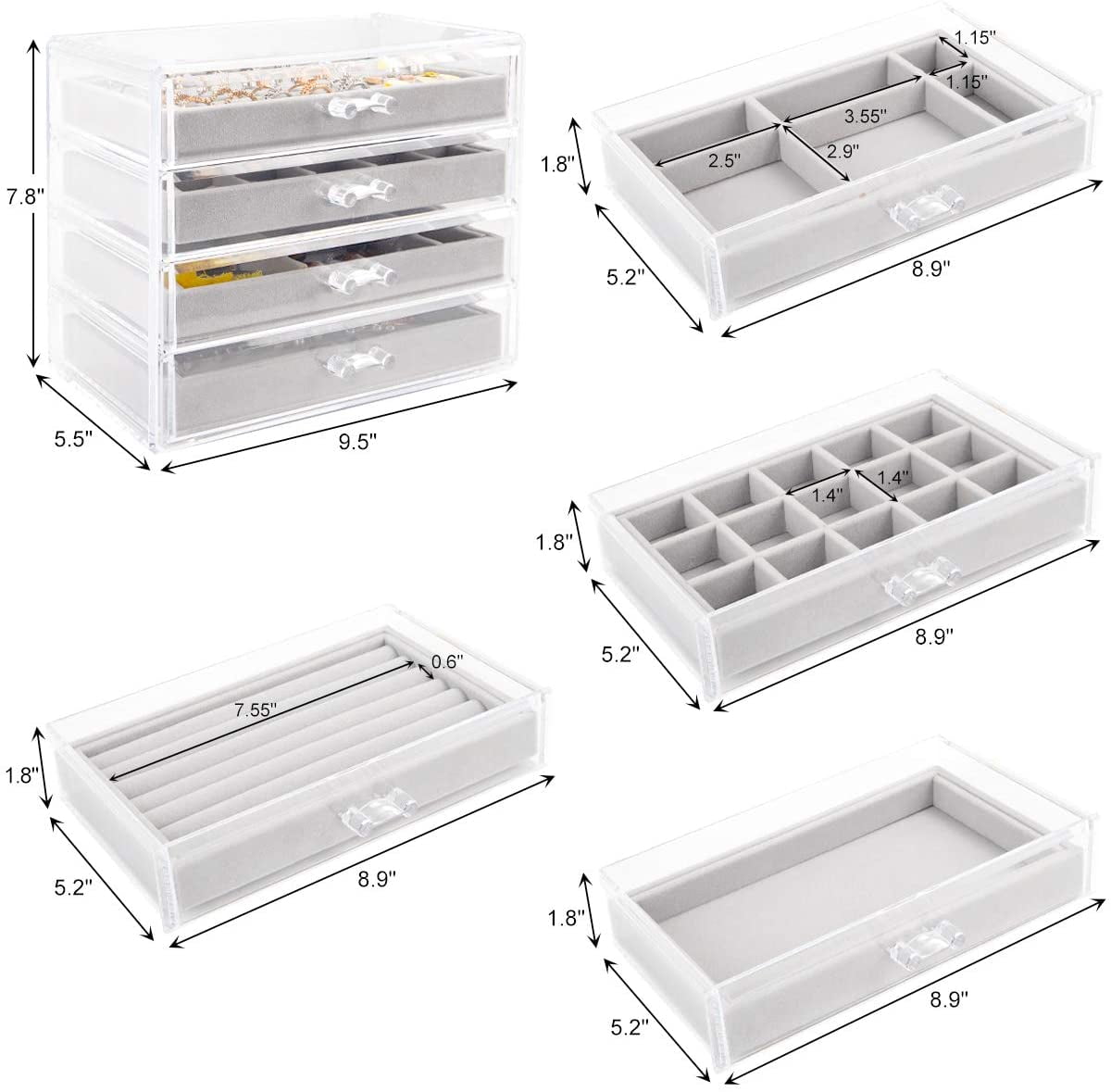 Weiai Clear Jewelry Box, Acrylic Organizer with 4 Beige