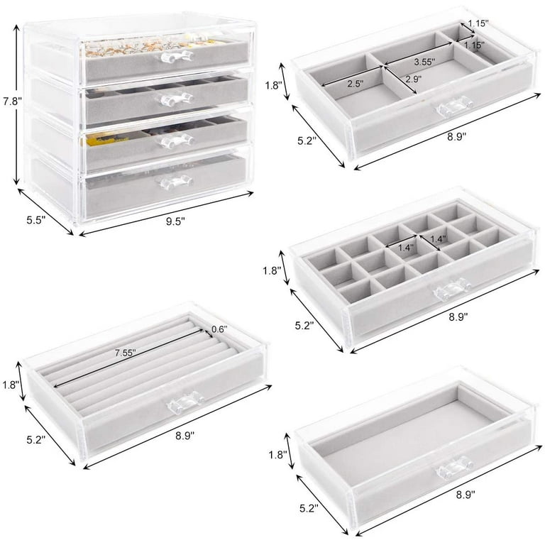 Mebbay Acrylic Jewelry Box with 4 Drawers, Velvet Organizer for White