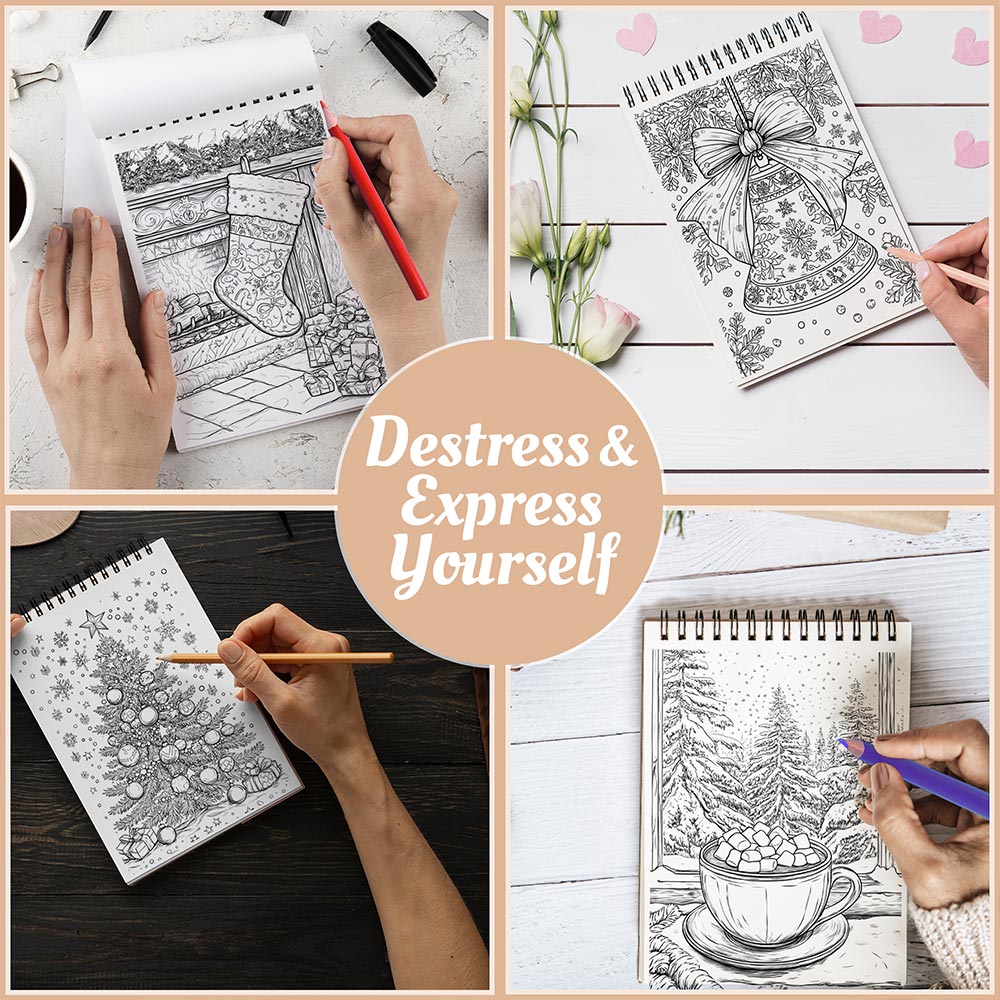 Netecom Christmas Charm Coloring Book Spiral Bound for Adults, A5 Wooden Cover, 30 Delightful Coloring Pages of Festive Holiday Scenes for Stress Relief and Relaxation