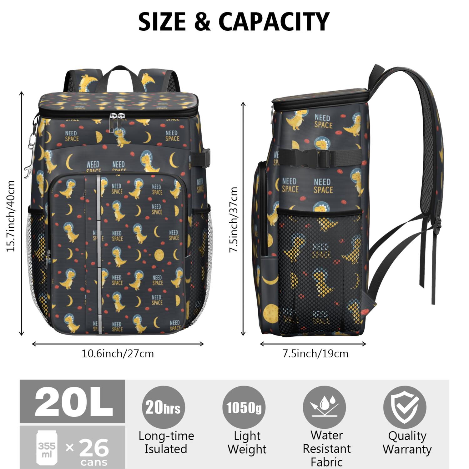 Travel Cooler Bag - DarkBlue Cartoon Dinosaurs Astronauts Pattern Camping Beer Cooler Backpack with Bottle Opener- Waterproof Insulated Picnic Backpacks - Cooler Bag for Beach