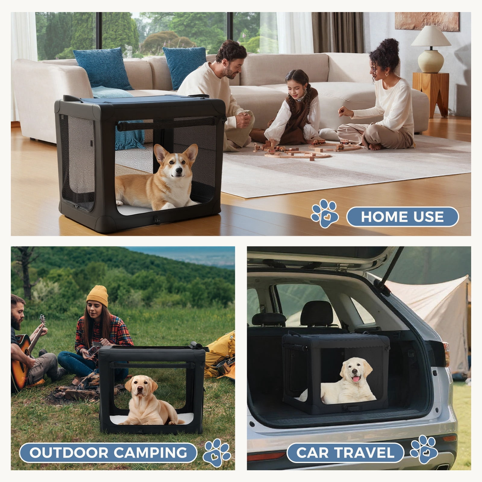 Foldable Soft Dog Crate, 600D Oxford Fabric, Portable Pet Kennel with 3 Doors, Indoor & Outdoor Use for Small to Extra Large Dogs