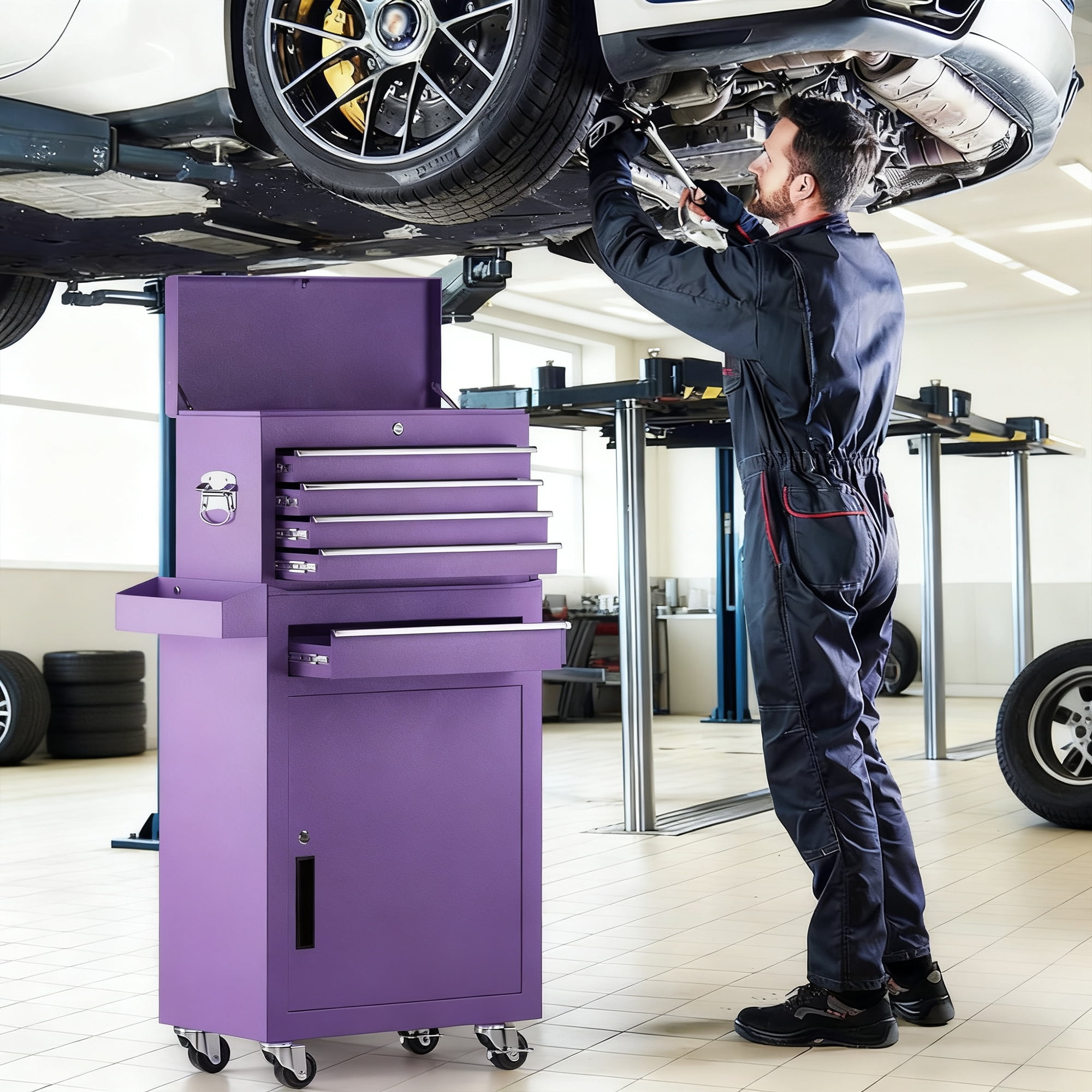 5-Drawer Tool Box, Enyopro Rolling Tool Chest, Stainless Steel Tool Box with Brake Wheels and 4 Drawers, Detachable Tool Cart, Purple
