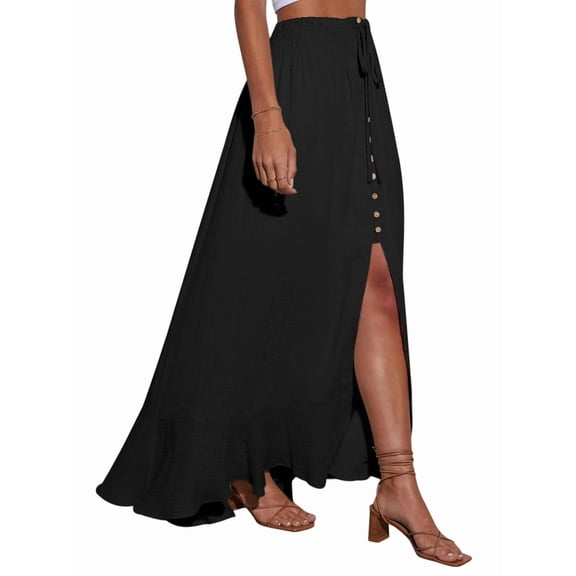 Women'S Elastic Tie Waist Button Down Maxi Skirts Casual Loose Flowy Swing Slit Front Dress Black L