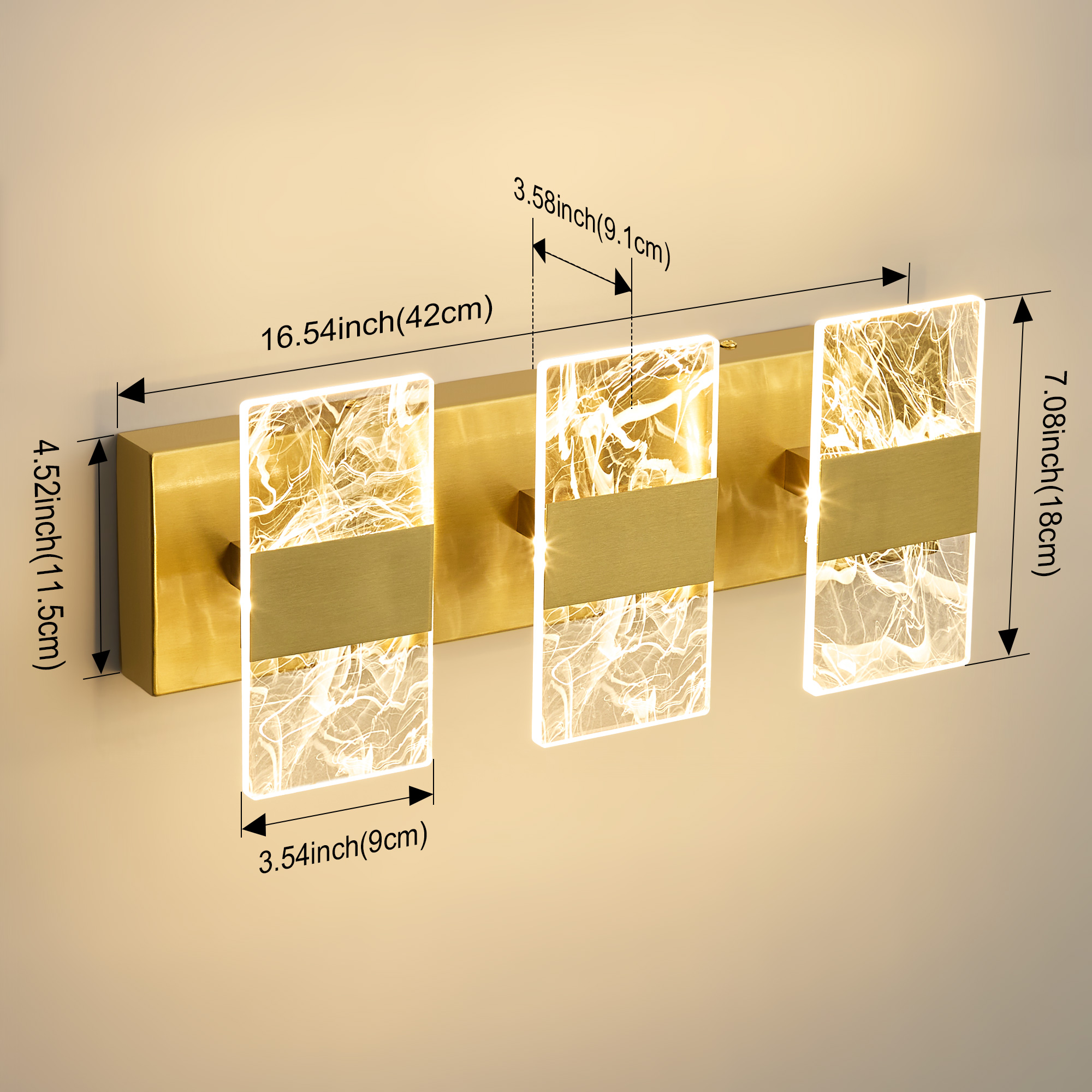 Deyidn 3-Light Gold Dimmable LED Bathroom Vanity Light, 16.54-Inch Modern Wall Mirror Light for Vanity Mirror and Powder Room