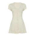 thumbnail image 5 of Women Deep V Neck Button Front Knit Mini Dress Elegant Short Sleeve Ribbed Flowy Hem A-Line Short Dress Cream White S, 5 of 9