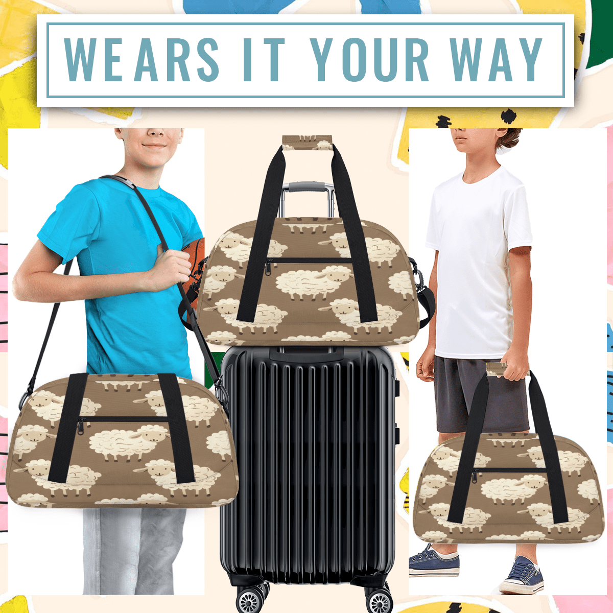 Herdesigns Sheep Sports Duffle Bag for Women & Men, Cute Cartoon Gym Bag Dance Bag Overnight Bag Carry On Weekender Travel Bag