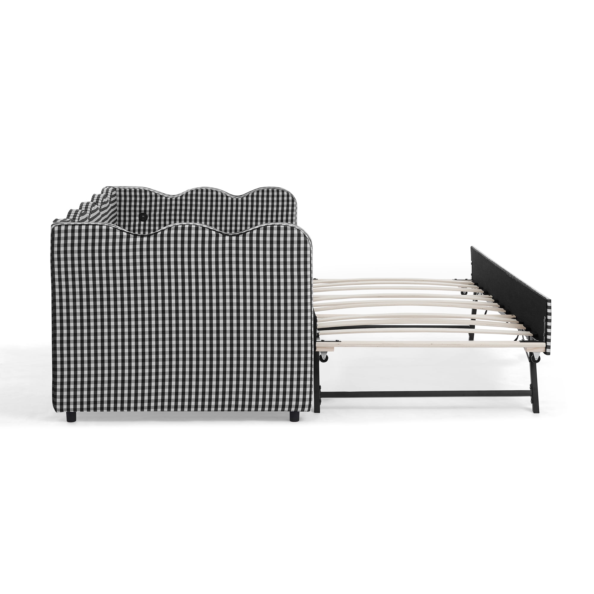 GARITIN Twin Size Daybed with Trundle, Gingham Sofa Bed with USB Port and Wavy Shape Headboard for Kids Room, Black