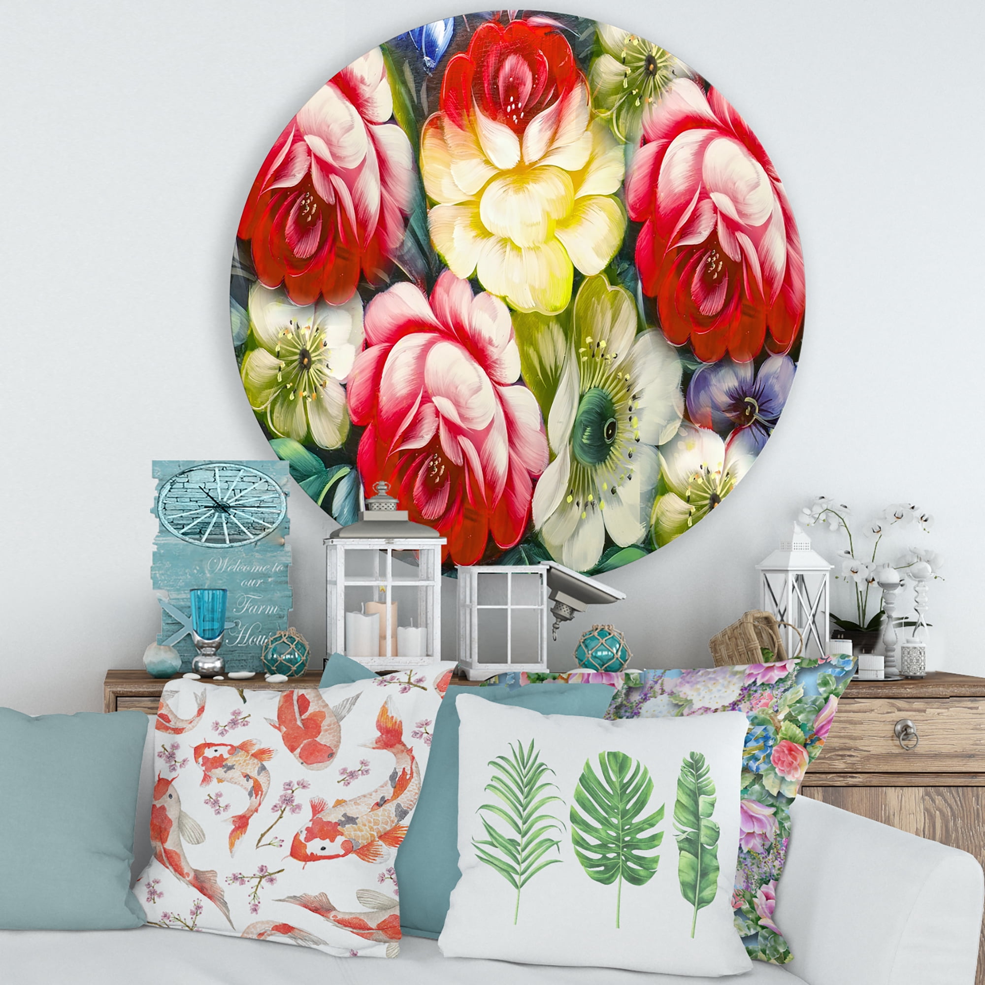 Designart 'Vintage VIbrant Yellow and Red Flower Still Life I' Traditional Circle Metal Wall Art 36x36 - Disc of 36