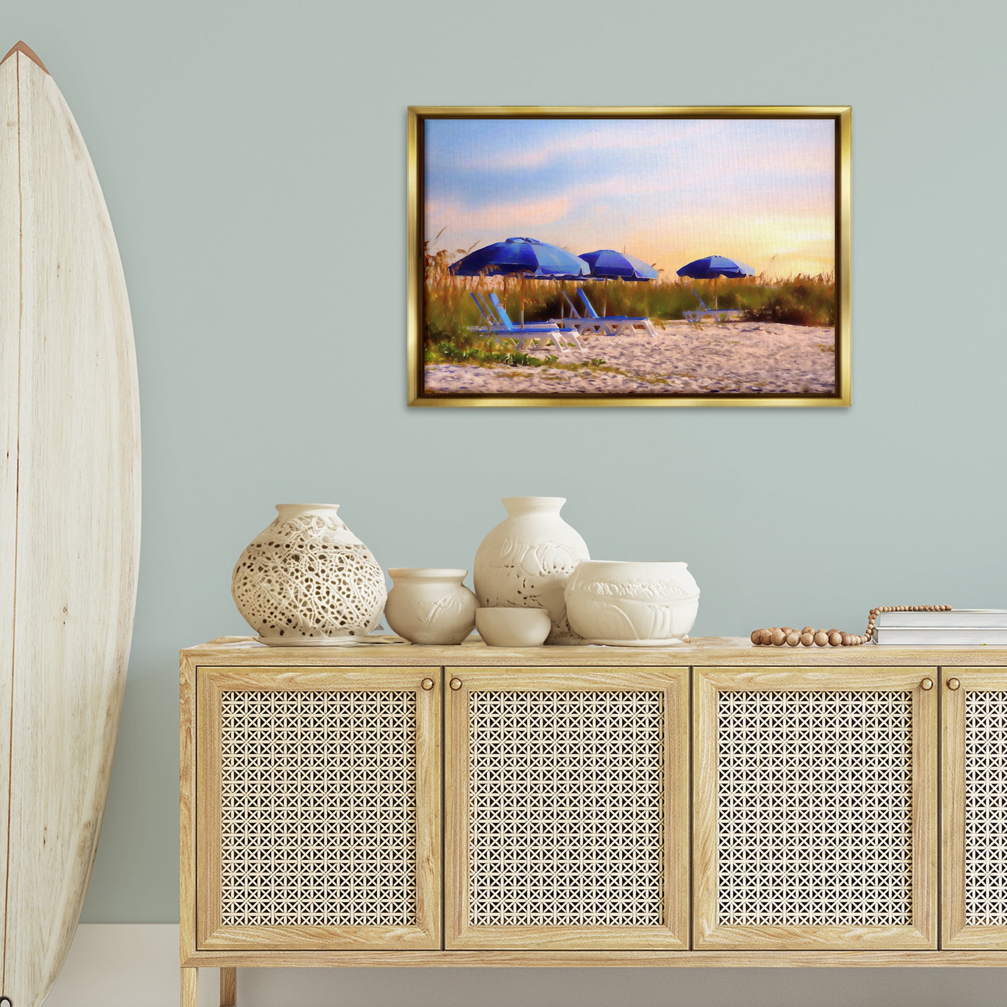 Stupell Industries Summer Vacation Sunrise Nautical & Beach Painting Gold Floater Framed Canvas Art Print Wall Art, 31 x 21