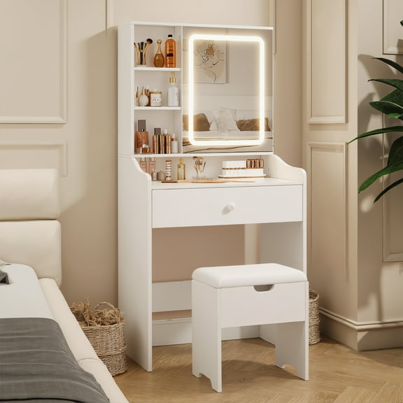 VEANERWOOD 24.4" W Small Vanity Desk Set with Mirror and Lights, Makeup Vanity with Stool and Charging Station, 3 Color Lighting Modes for  Bedroom