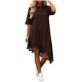 thumbnail image 2 of Ovbmpzd Sundress Women Summer Dresses Flowy Brown A-Line Mini Dresses Crew Neck Casual Elbow-Length Dresses Casual Dresses,XXL, 2 of 6