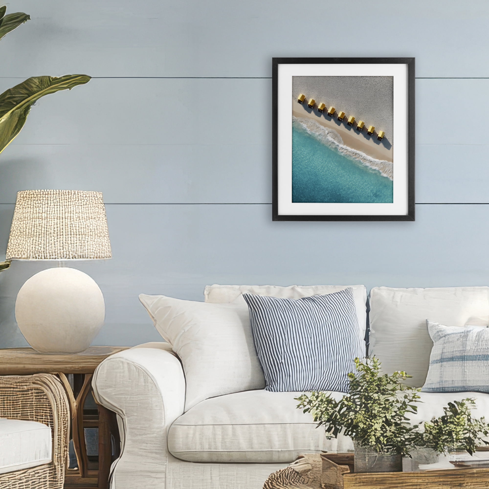 Stupell Industries Yellow Cabanas Along Shore Black Framed Print Under Glass, design by Franklyn Gregory