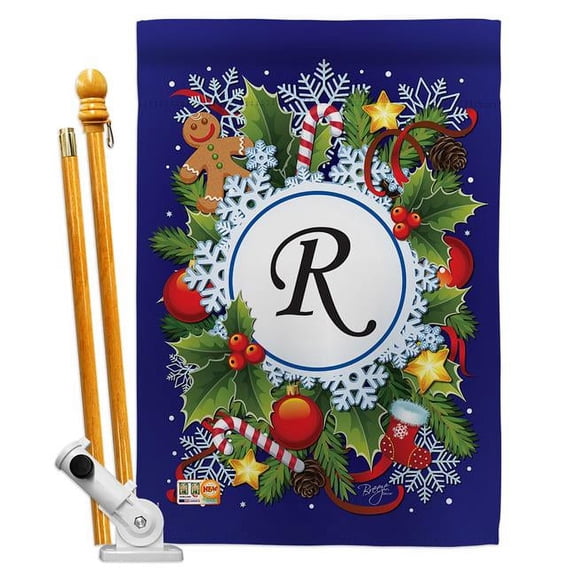 Breeze Decor BD-WT-HS-130096-IP-BO-D-US12-BD 28 x 40 in. Winter R Initial Wonderland Impressions Decorative Vertical Double Sided House Flag Set with Pole Bracket Hardware