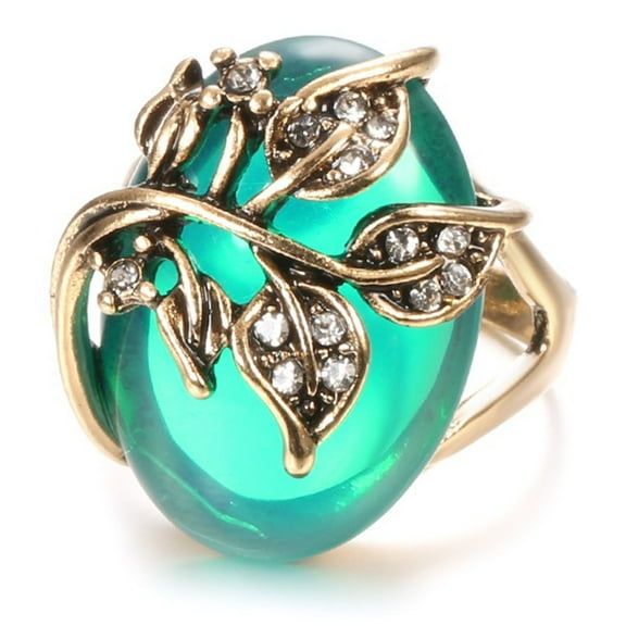 Kachbutis Personalization Gold Leaf Covering Green Stone Ring for Women Vintage Rings for Women Cocktail Statement Ring Retro Jewelry Size 7