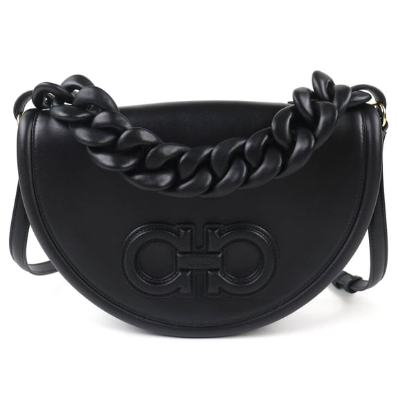 Pre-Owned Salvatore Ferragamo 212748 AURA Gancini 2-Way Leather Handbag/Shoulder Bag, Black,...