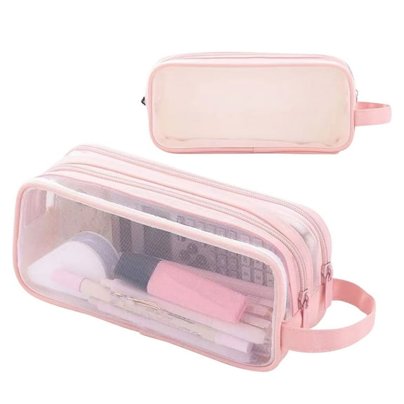 Fridja Double Layer Mesh Storage Pouch Clear View Organizer for Office Supplies and Craft Tools Two Compartment Design Durable Transparent Fabric with Zipper Closure