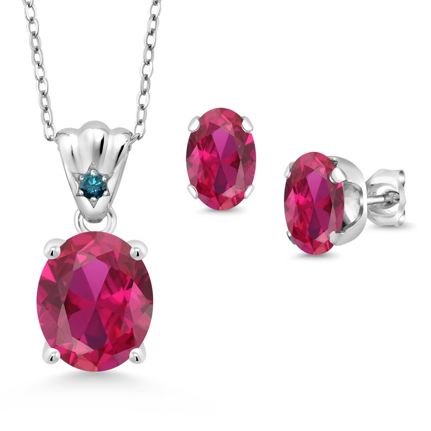 Gem Stone King 925 Sterling Silver Red Created Ruby and Blue Diamond Pendant and Earrings Jewelry Set for Women (6.73 Cttw, Gemstone Birthstone, Oval 11X9MM and 8X6MM with 18 inch Silver Chain)