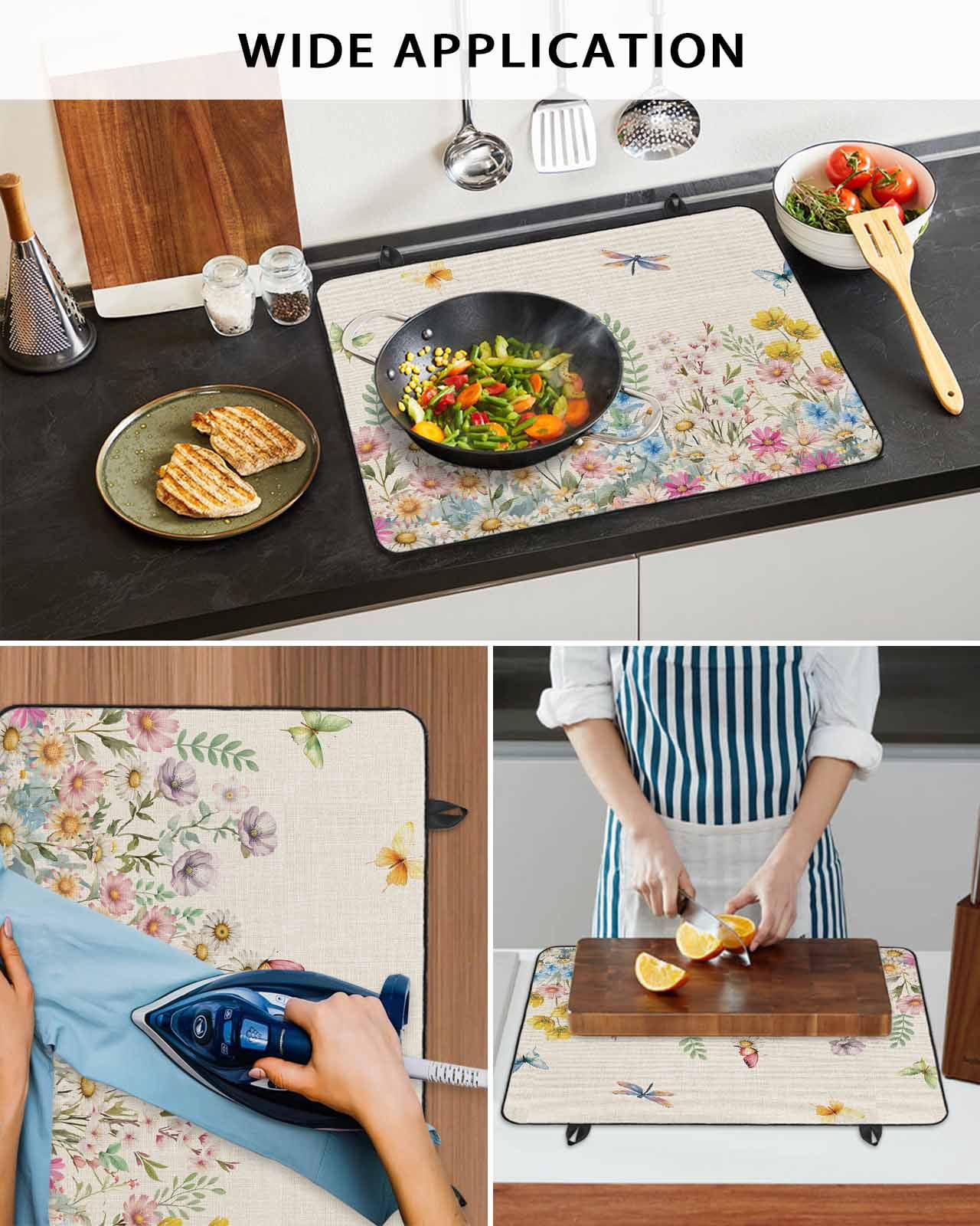 Large Induction Cooktop Protector Mat Colorful Floral Stove Top Covers for Electric Stove, Farmhouse Country Dragonfly Butterfly Flower Decorative Stove Burner Cover Mats, Glass Top Stove Cover
