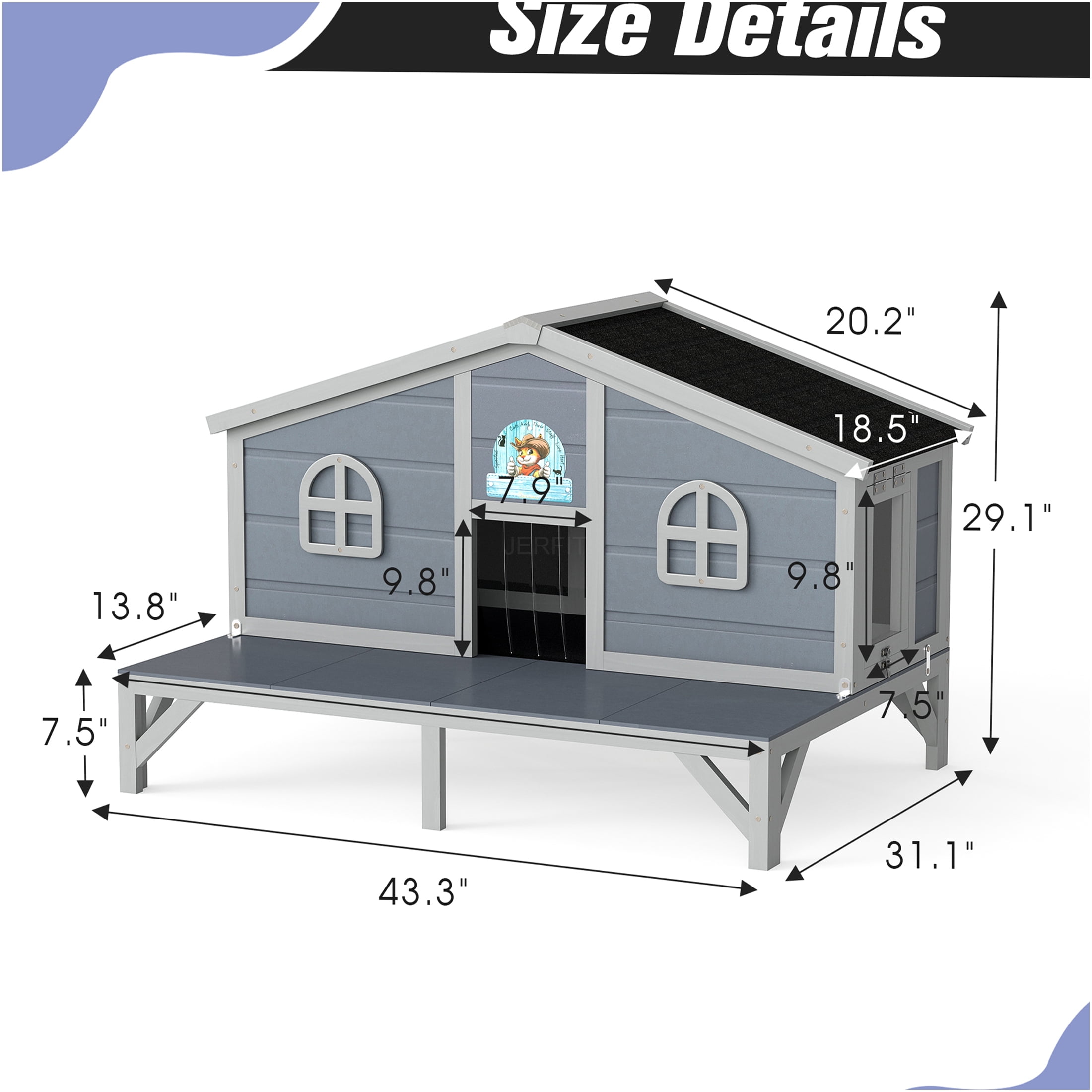 JERFIT All Weather Gray Wooden Cat House & Outdoor Enclosure with Lockable Door, Cozy Fringe Curtains for Large Cats & Kittens