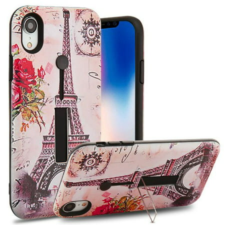 Apple iPhone XR (6.1 Inch) Phone Case Shockproof Hybrid Rubber Rugged Case Cover Slim with Silicone Strap & Metal Stand Paris Memory Phone Case for Apple iPhone Xr