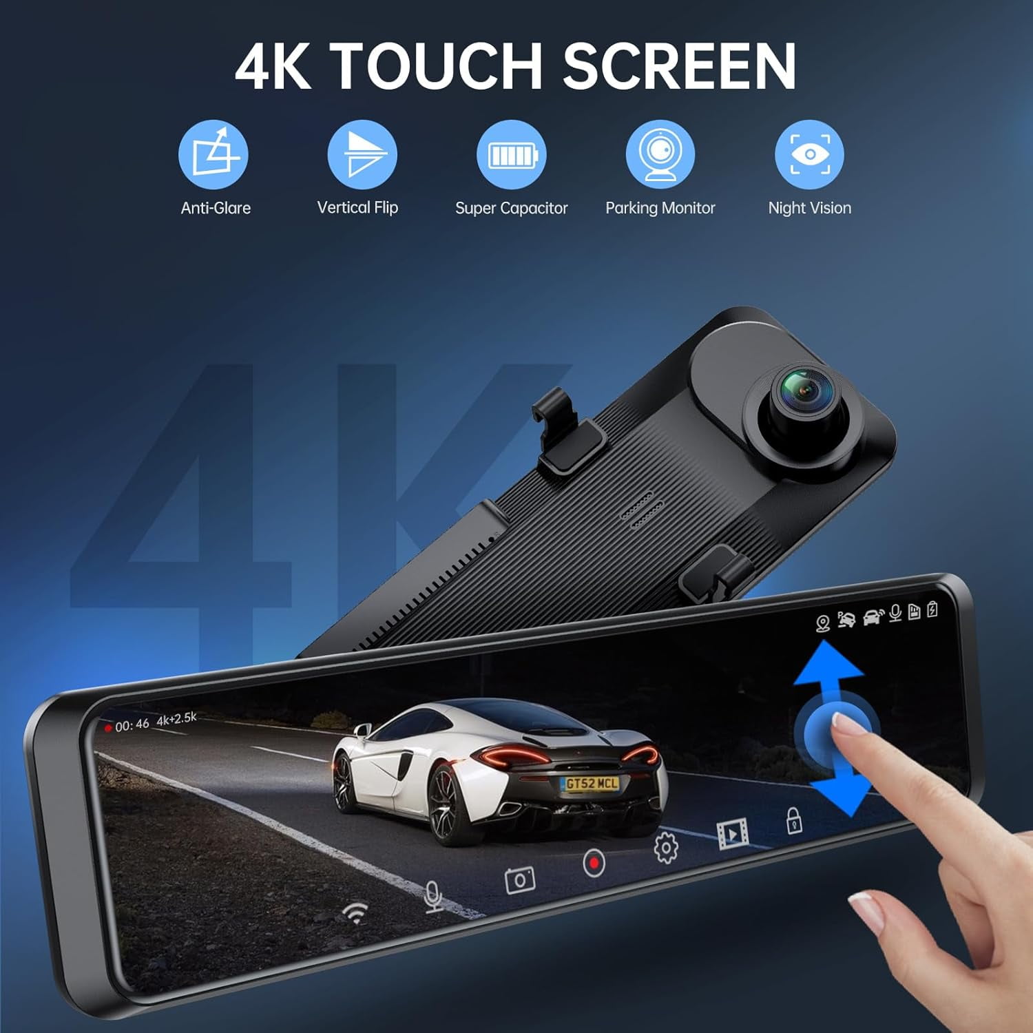 4K UHD Dual Dash Cam Front and Rear, 12"Touch Screen Mirror Dash Cam, Night Vision, Voice Control, G-Sensor, Including 32GB SD"