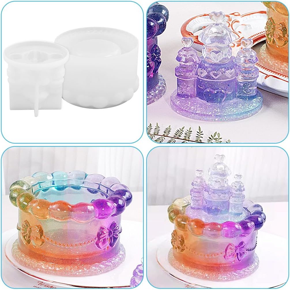 ABCISI Castle Resin Jar Mold with Lid, 3D Silicone Trinket Storage Box Molds for Resin Epoxy, Cake Love Castle Shape for DIY Jewelry Holder Candle Holder Candy Container, Lovely Home Decor