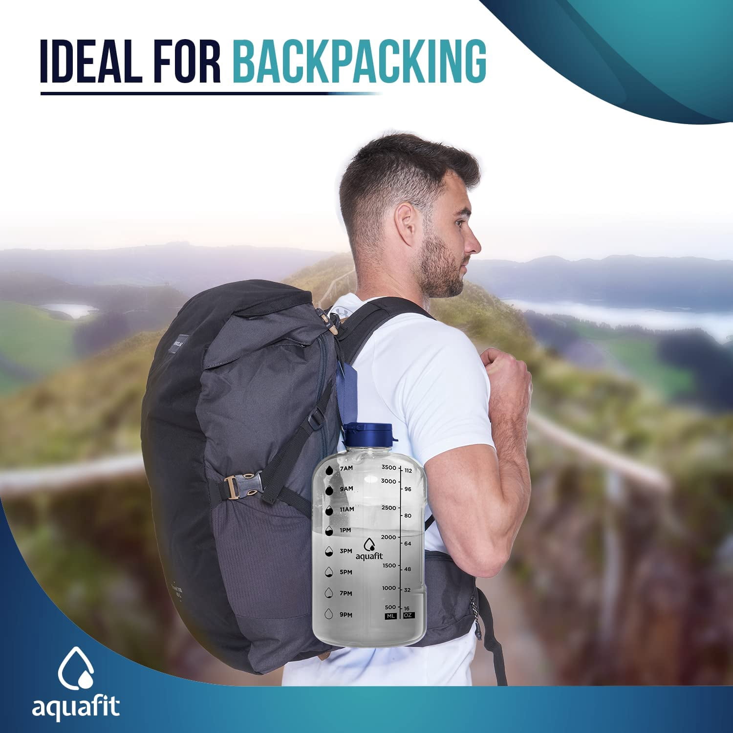 AQUAFIT - Water Bottle with Straw - Motivational Water Bottle, Big Water Bottle with Time Marker - 1 Gallon, Clear