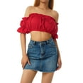 thumbnail image 1 of Coduop Women's Off Shoulder Short Sleeve Tank Top Blouse Ruffled Trim Chest Wrap Crop Tops T-Shirt, 1 of 7