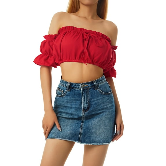 Coduop Women's Off Shoulder Short Sleeve Tank Top Blouse Ruffled Trim Chest Wrap Crop Tops T-Shirt