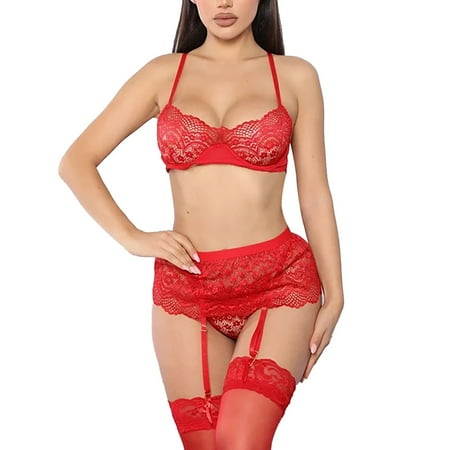 

Women Lingerie Sets With Garter Belt 3 Piece Lace Teddy Bodysuit Embroidery Nightgown Nightwear With Thong