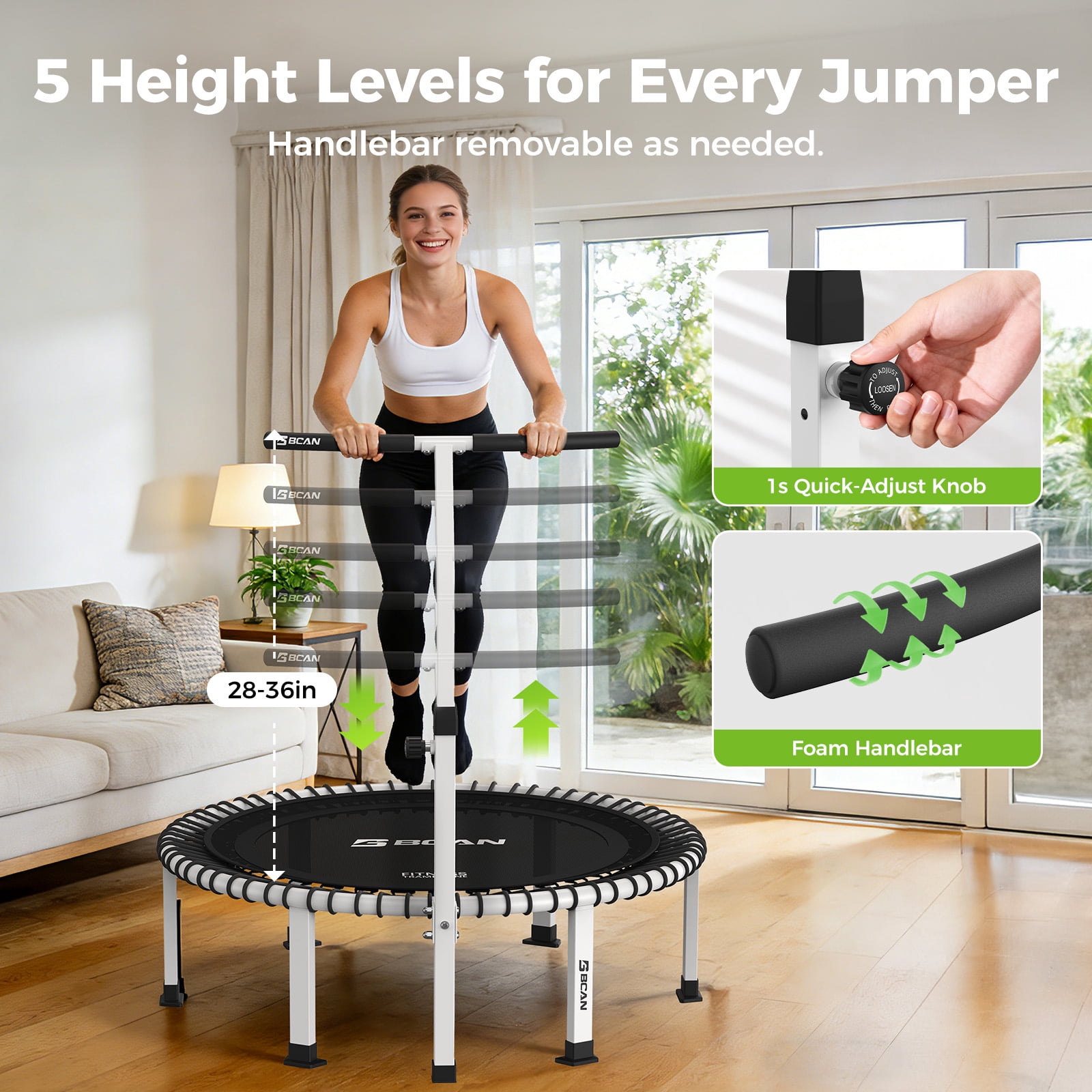 BCAN BT4 40" Soft Land Pro Adult Bungee Rebounder Trampoline, 500lb Capacity, Adjustable Tension Bungees, Exercise Trampoline for Adults, Phone Holder & 2 Pairs Socks| FED Fitness