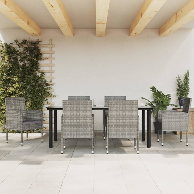 vidaXL 7 Piece Garden Dining Set Grey and Black Poly Rattan and Steel