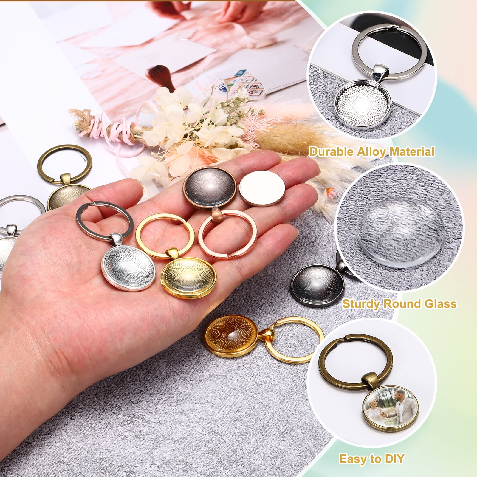 Uxcell 20 Pcs 25mm Cabochons Keychain Kit Pendant Setting Trays Glass Cabochons Base Blank Keychain Making Kit for Key Ring Supplies Photo Resin Crafting, Gold Tone