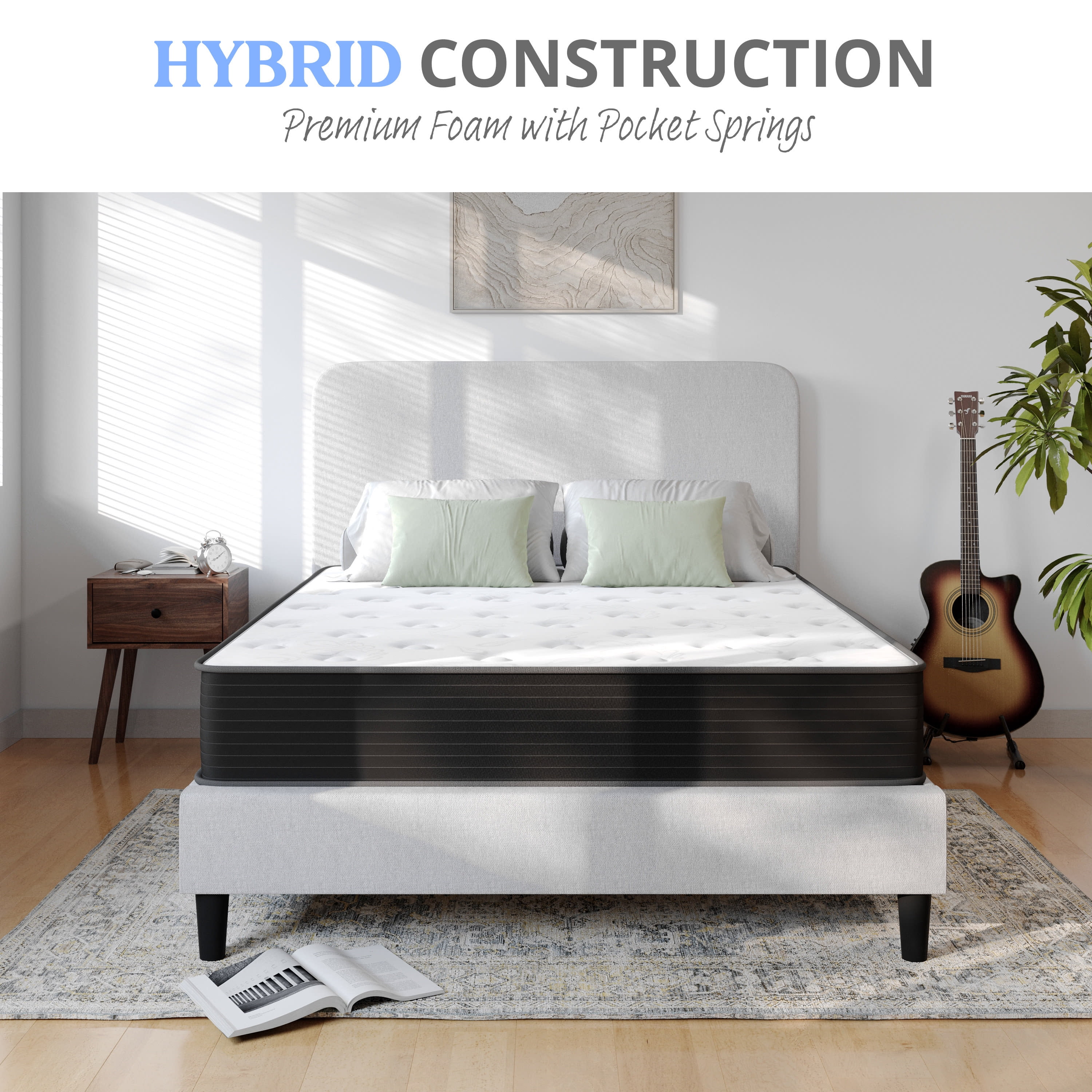 Emma + Oliver Queen Size 10 Inch Hybrid Mattress, High Density Cooling Foam and Pocket Spring Mattress in a Box, CertiPur-US Certified Foam, White/Black