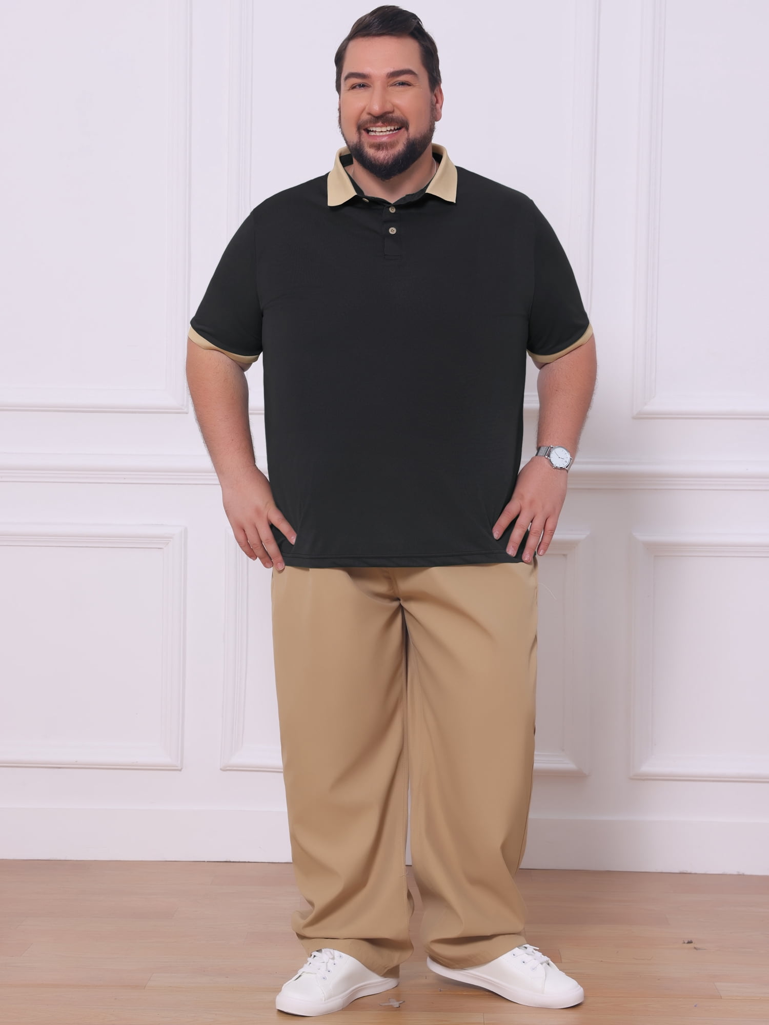 DARING DIVA Men's Contrast Collar Short Sleeves Breathable Polo Shirts 5XL Black