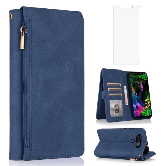 Asuwish Wallet Kickstand Hard Shell Cell Phone Case with Tempered Glass Screen Protector for LG G8 / LG G8s ThinQ, Blue