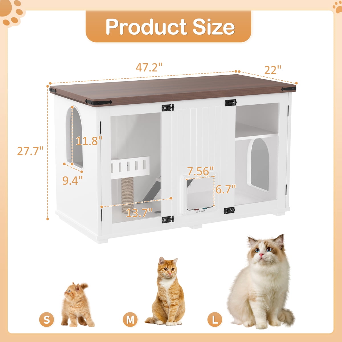 47.25 Large Cat Litter Box Enclosure Furniture with LED Light Hidden Litter Box Cabinet with Cat Scratching Post Stairs & Smart 4 Mode Door Cat House Side Table for Living Room White