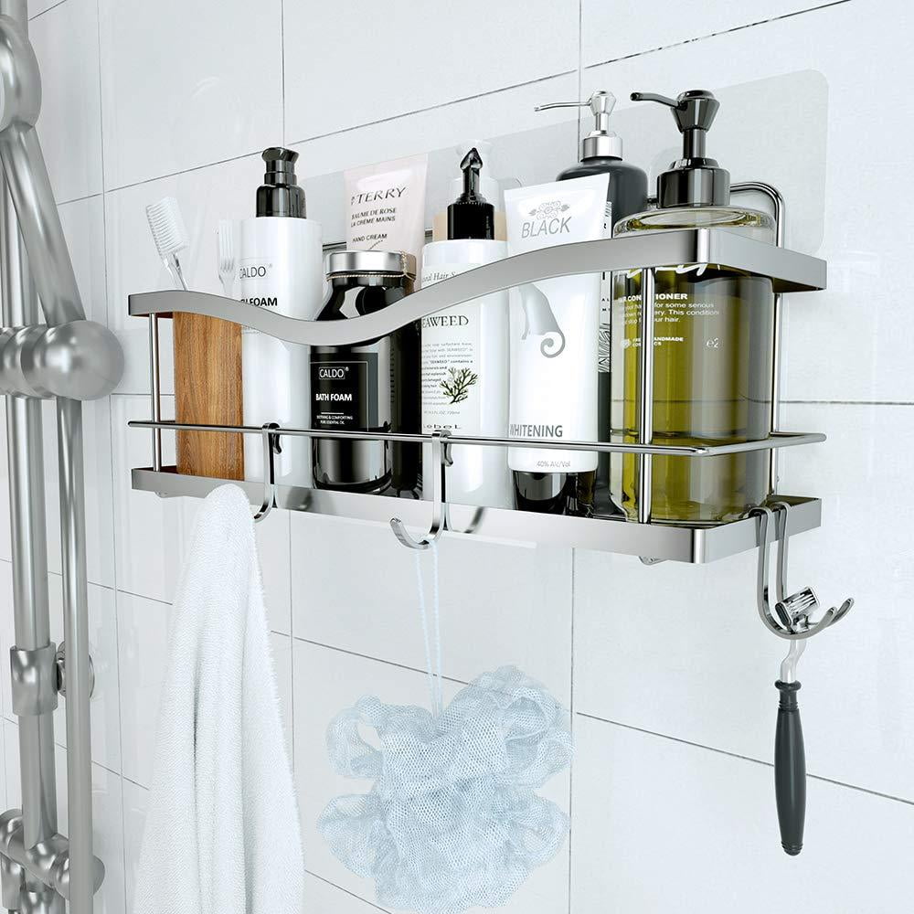 Bathroom Corner Shower Caddy with 2 Movable Hooks Wall Mounted Bathroom Storage Kitchen Organizer Rack No Drilling SUS304 Stainless Steel Black
