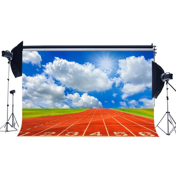 EREHome Polyester Fabric 7x5ft Photography Backdrop Nature Rubber Track Grass Field Blue Sky White Cloud Sunshine Outdoor Game Backdrops for Kids Children Adults Portraits Background Photo Studio Props