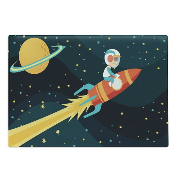 Rocket Cutting Board, Boy Riding Rocket in Space Journey Exploring Universe Theme, Decorative Tempered Glass Cutting and Serving Board, Large Size, Dark Petrol Blue Yellow, by Ambesonne