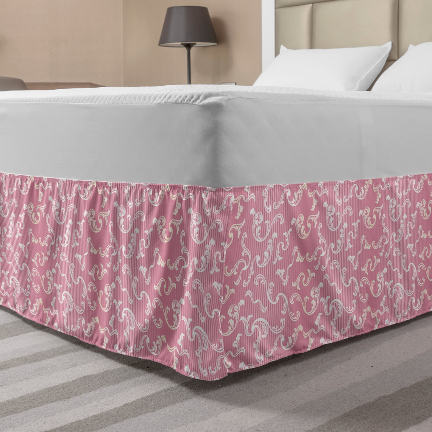 Vintage Bed Skirt, Romantic Leafy Damask on Pinkish Vertical Lines