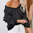 thumbnail image 2 of Jersey con cuello en V, Top de punto, moda, transpirable, manga larga, suéter suelto de punto para mujer, negro, M, 2 of 6